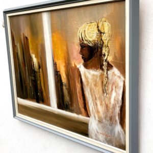 Original Swedish oil painting, Woman at window cityscape, Modernist figurative, scandi decor - Image 6