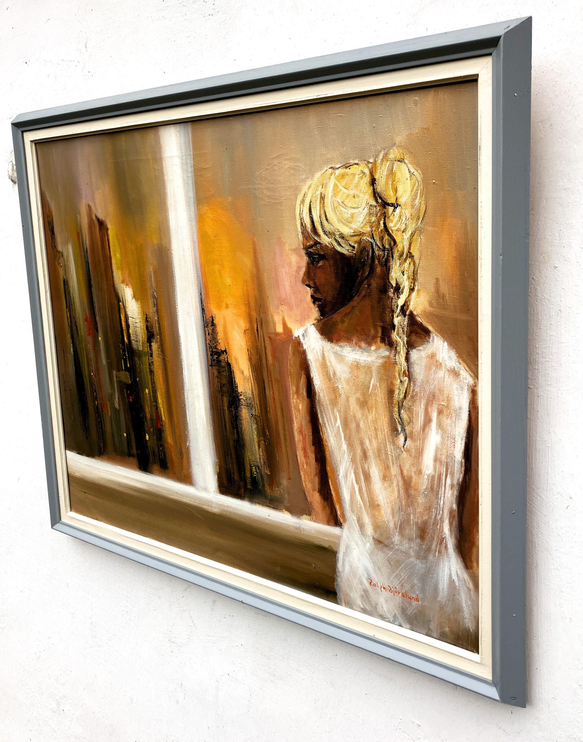 Original Swedish oil painting, Woman at window cityscape, Modernist figurative, scandi decor - Image 6