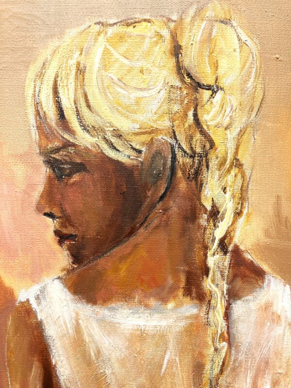 Original Swedish oil painting, Woman at window cityscape, Modernist figurative, scandi decor