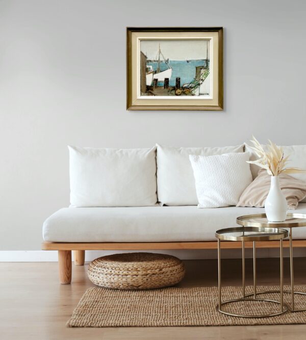 Fishing Harbor Oil Painting, Scandinavian Maritime Scene, 1977