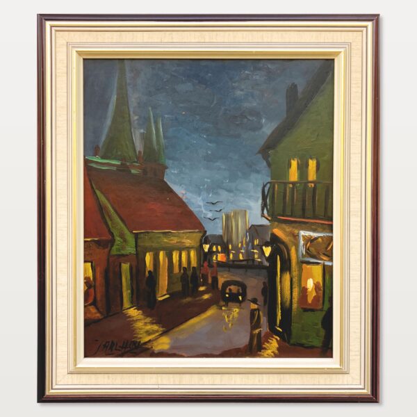 Vintage Expressionist Oil Painting by Hartvig Jarlhov - Nighttime Street Scene - Framed Swedish Fine Art