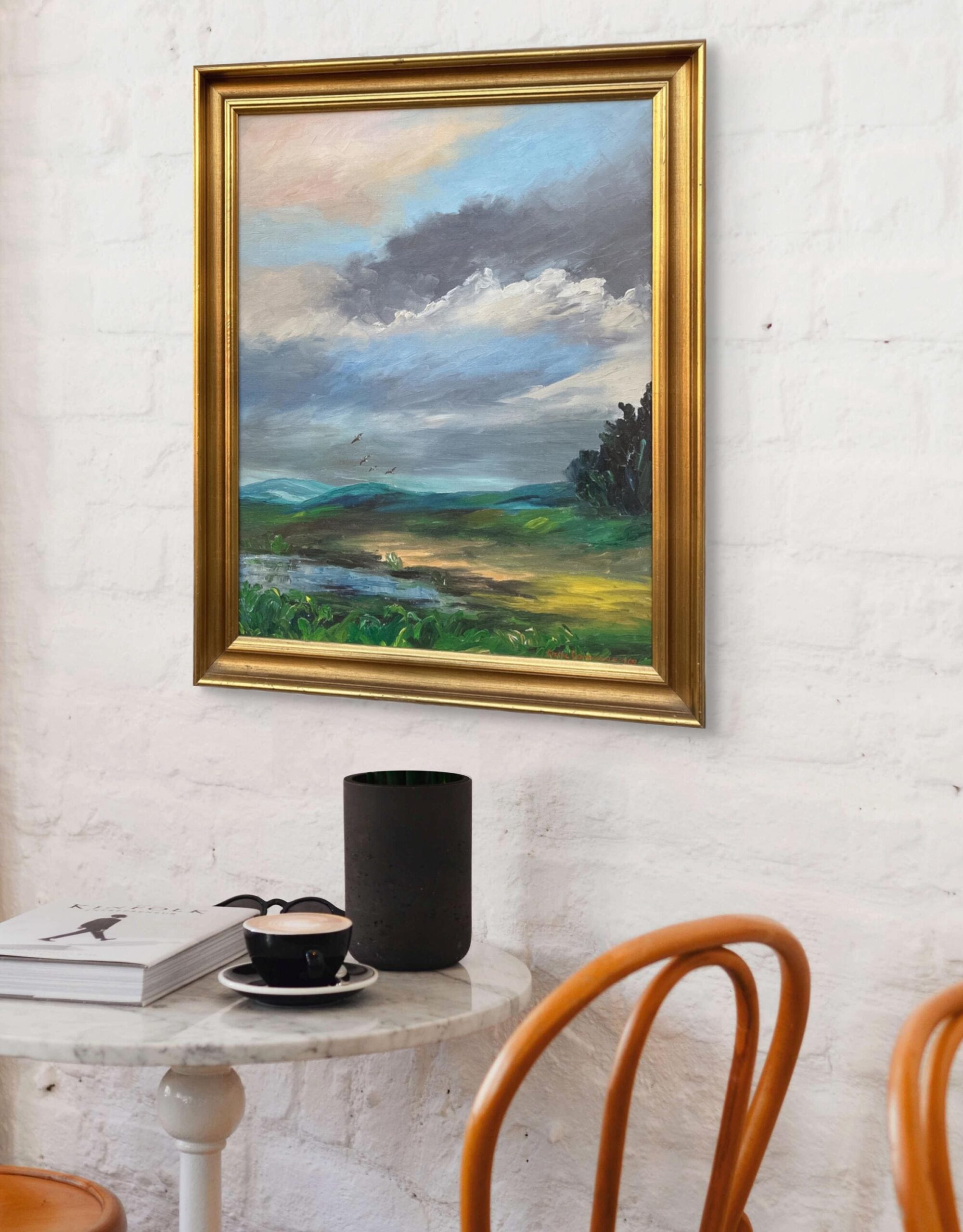 Vintage Danish Landscape Oil Painting, Birds and Dramatic Sky, Signed and dated 1969 - Image 2