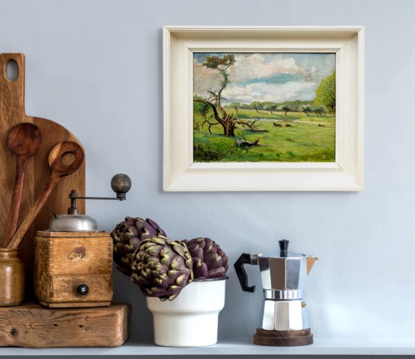 Danish landscape painting, cows in meadow, Scandinavian vintage oil painting, farmhouse wall decor