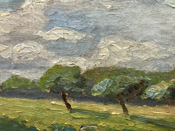 Danish landscape painting, cows in meadow, Scandinavian vintage oil painting, farmhouse wall decor