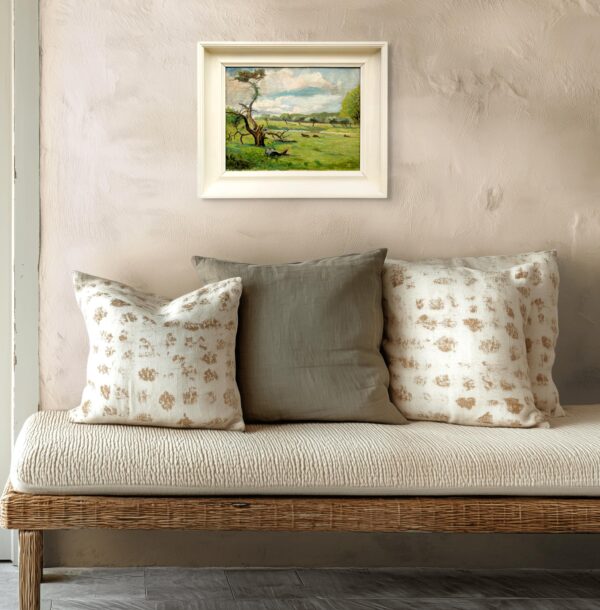 Danish landscape painting, cows in meadow, Scandinavian vintage oil painting, farmhouse wall decor
