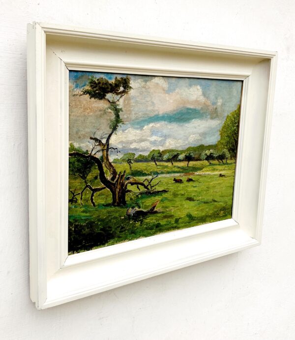 Danish landscape painting, cows in meadow, Scandinavian vintage oil painting, farmhouse wall decor