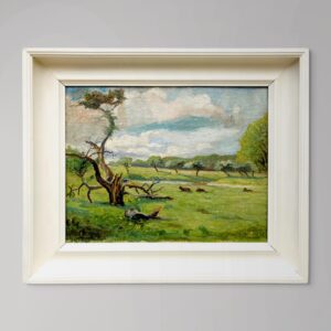 Danish landscape painting, cows in meadow, Scandinavian vintage oil painting, farmhouse wall decor