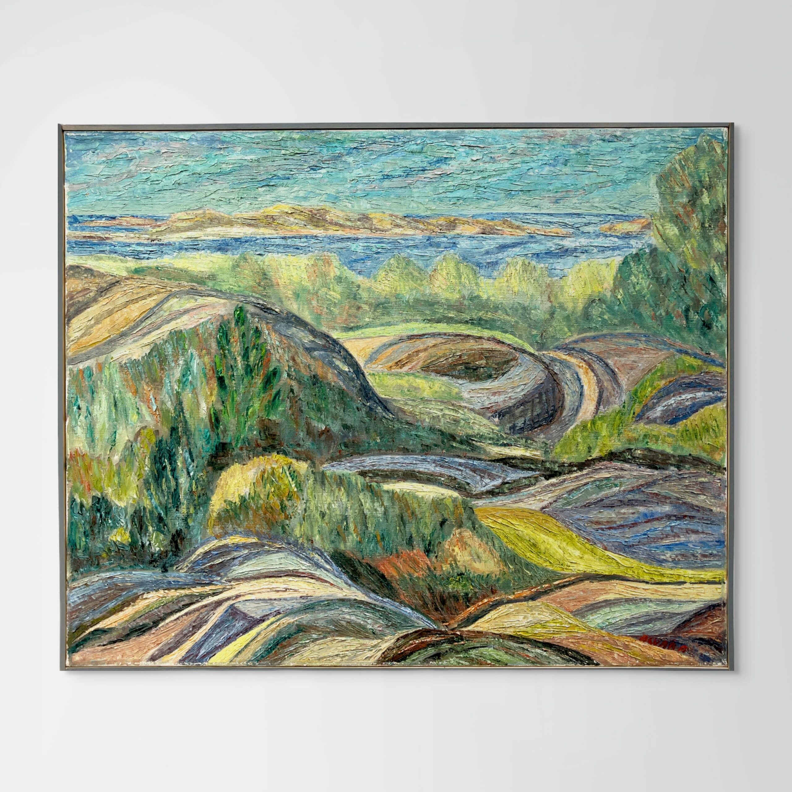 Original Vintage Landscape Oil Painting: Textured Swedish Coastal Scene Wall Art