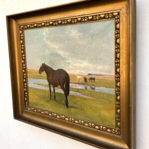 Original horse painting, Grazing horses landscape, Early 20th century antique naturalism, Rustic wall decor - Image 5