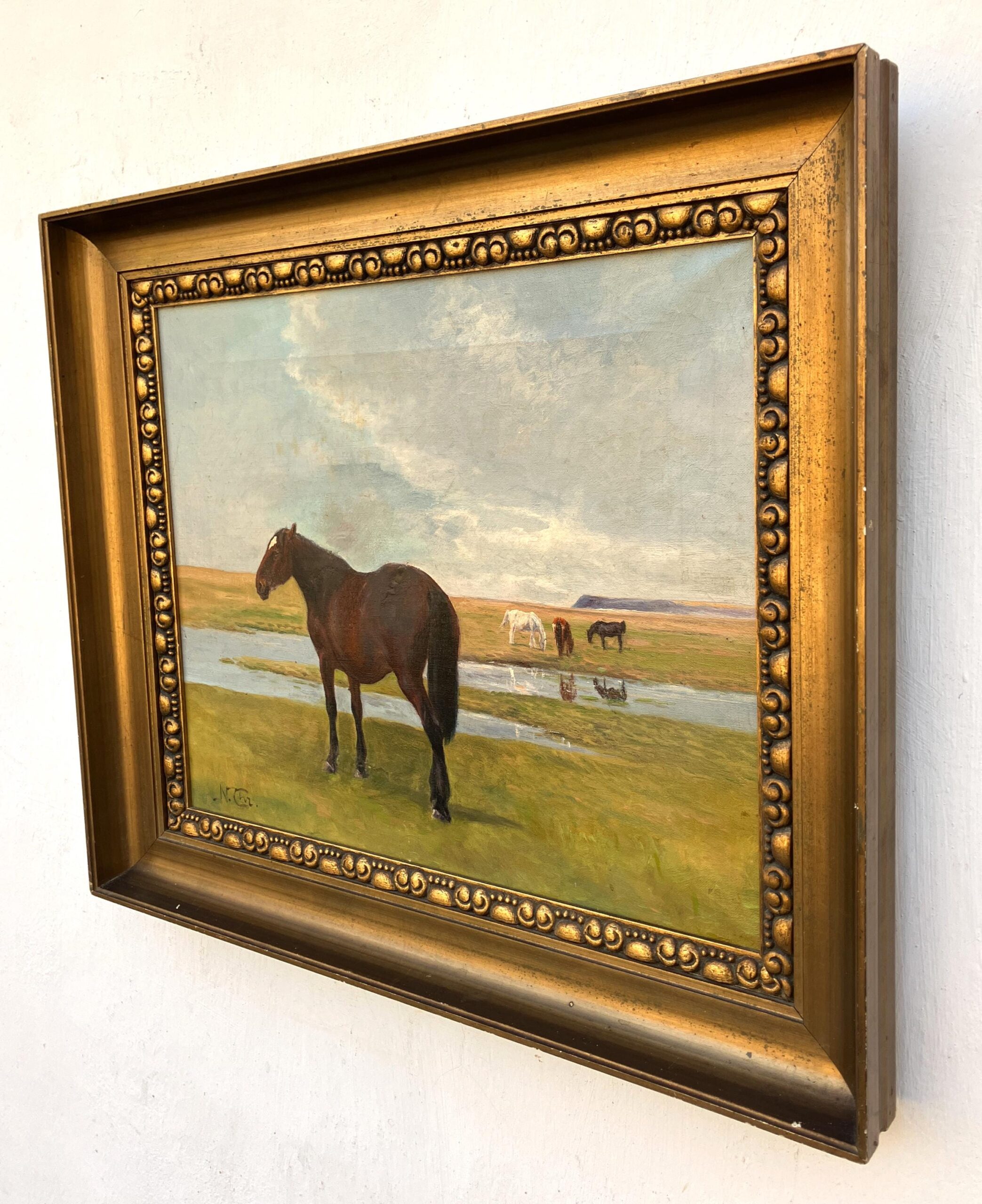 Original horse painting, Grazing horses landscape, Early 20th century antique naturalism, Rustic wall decor - Image 5