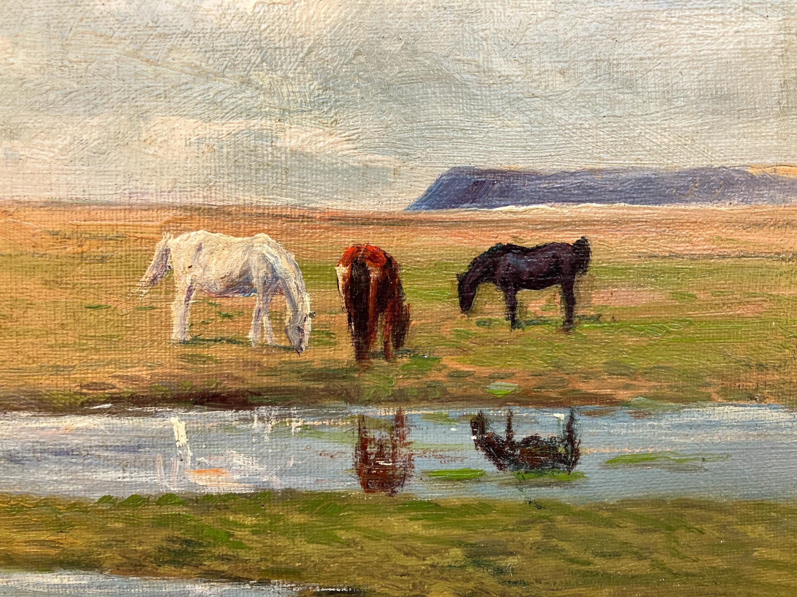Original horse painting, Grazing horses landscape, Early 20th century antique naturalism, Rustic wall decor - Image 7