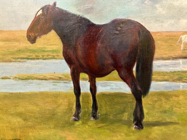 Original horse painting, Grazing horses landscape, Early 20th century antique naturalism, Rustic wall decor