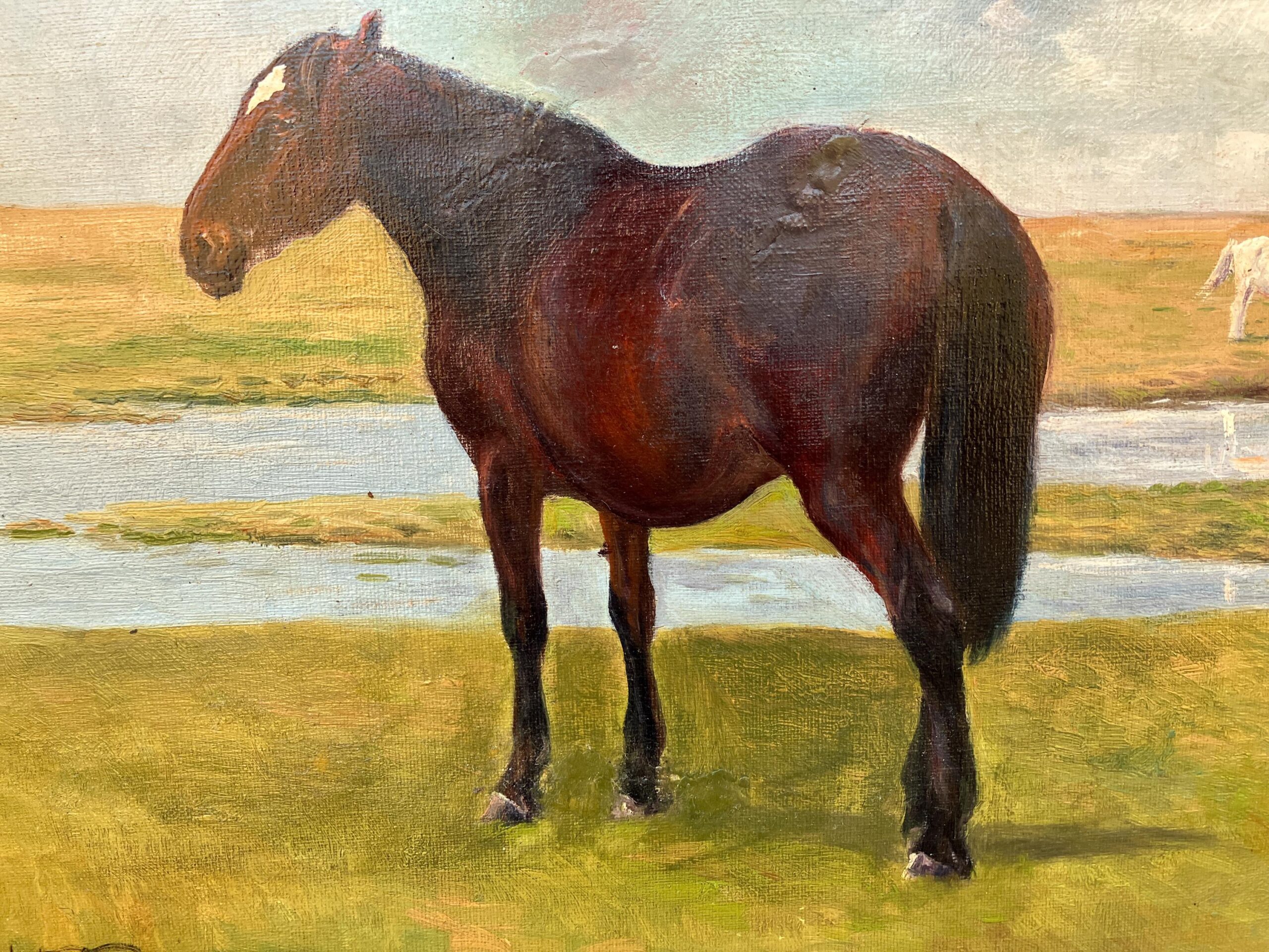 Original horse painting, Grazing horses landscape, Early 20th century antique naturalism, Rustic wall decor - Image 6