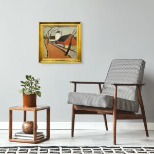 Original oil painting, Houses and road, Danish Modernist mid century, Nordic decor - Image 3