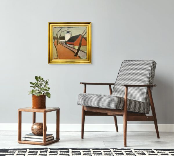 Original oil painting, Houses and road, Danish Modernist mid century, Nordic decor