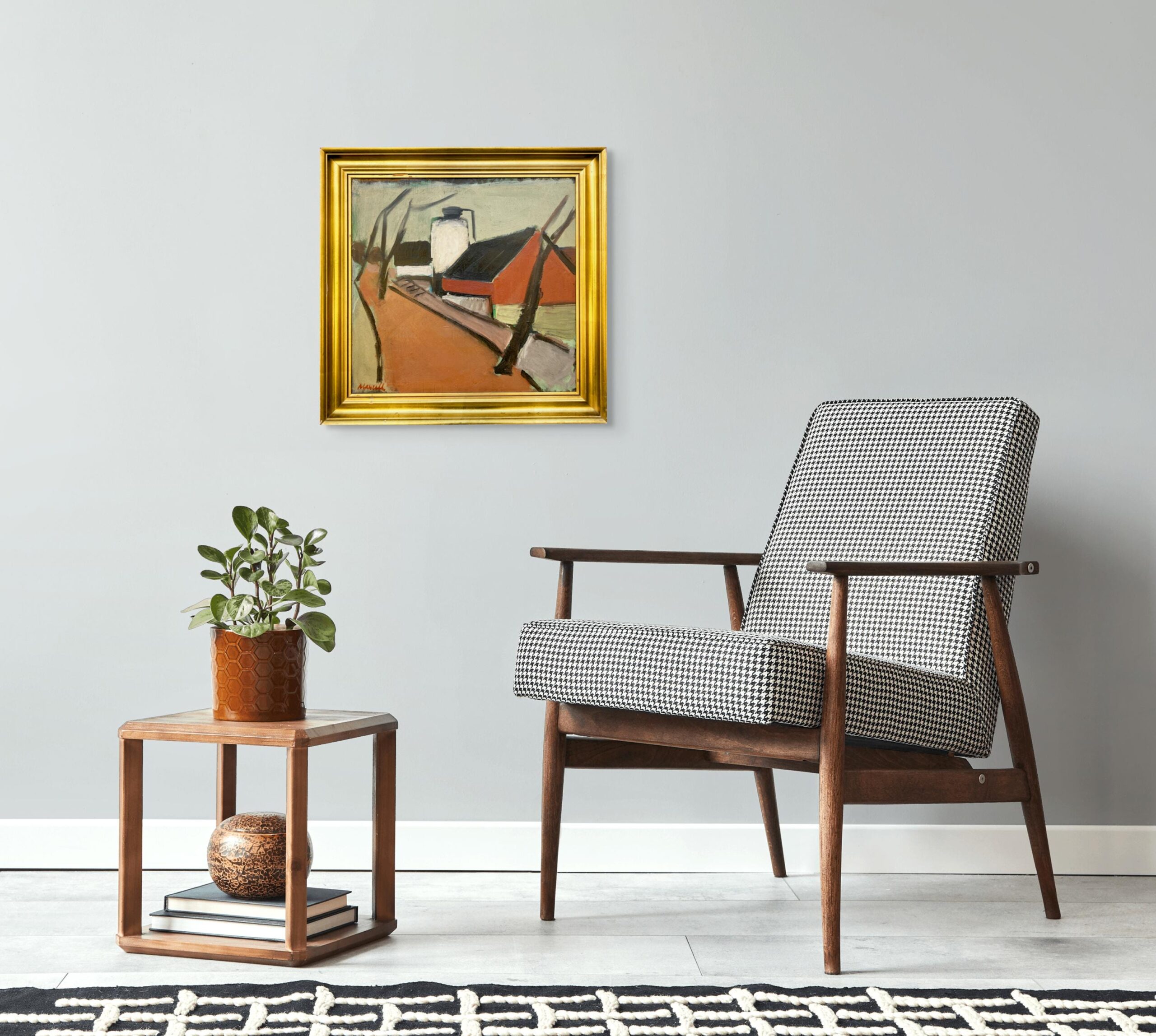 Original oil painting, Houses and road, Danish Modernist mid century, Nordic decor - Image 3