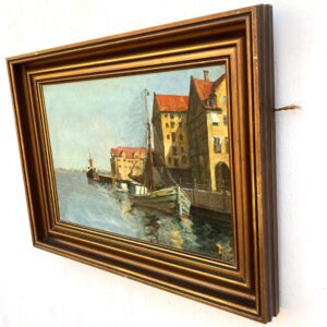 Original Danish oil painting, harbor boats, Mid Century, coastal wall art - Image 5