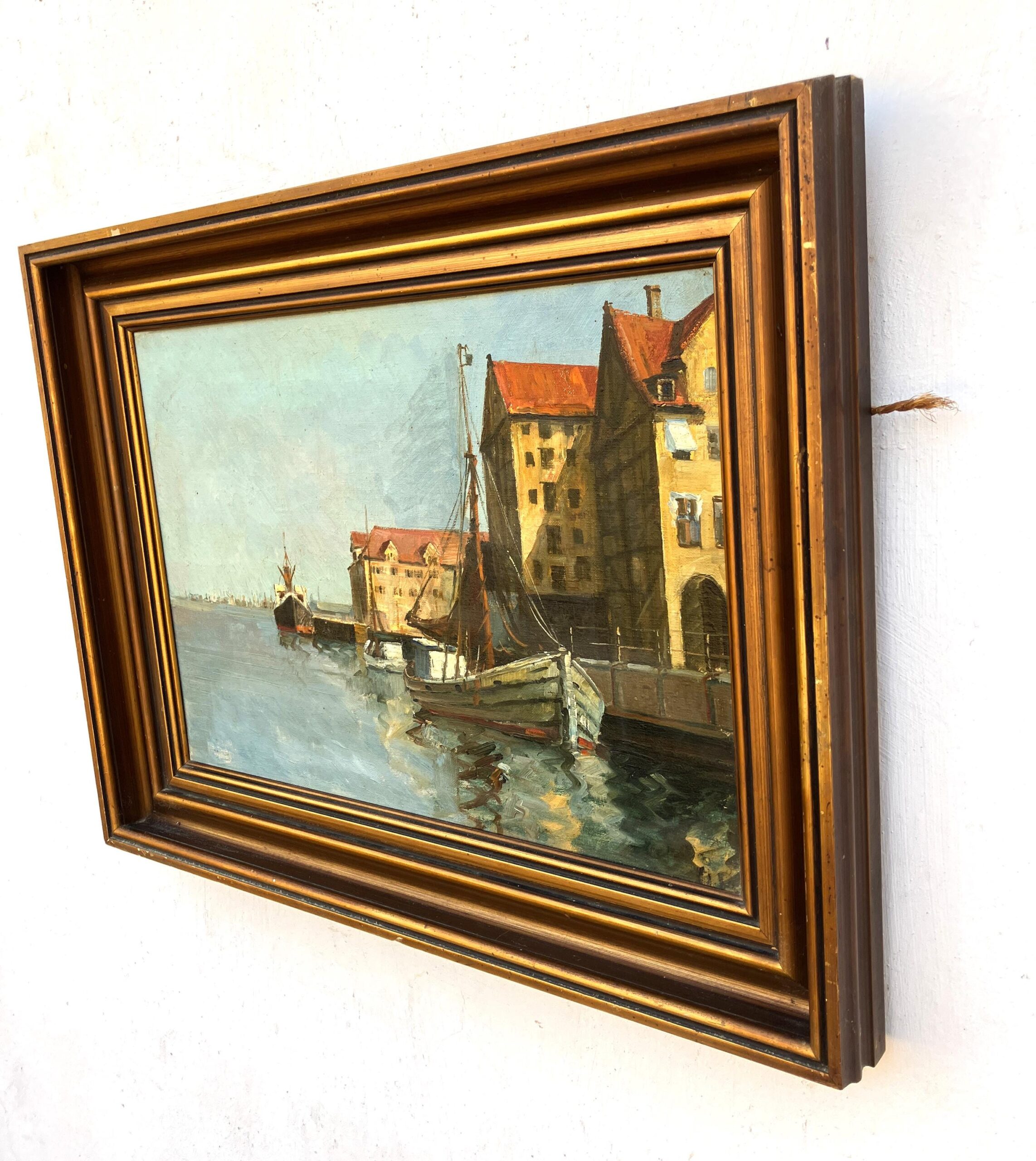 Original Danish oil painting, harbor boats, Mid Century, coastal wall art - Image 5