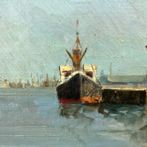 Original Danish oil painting, harbor boats, Mid Century, coastal wall art - Image 7