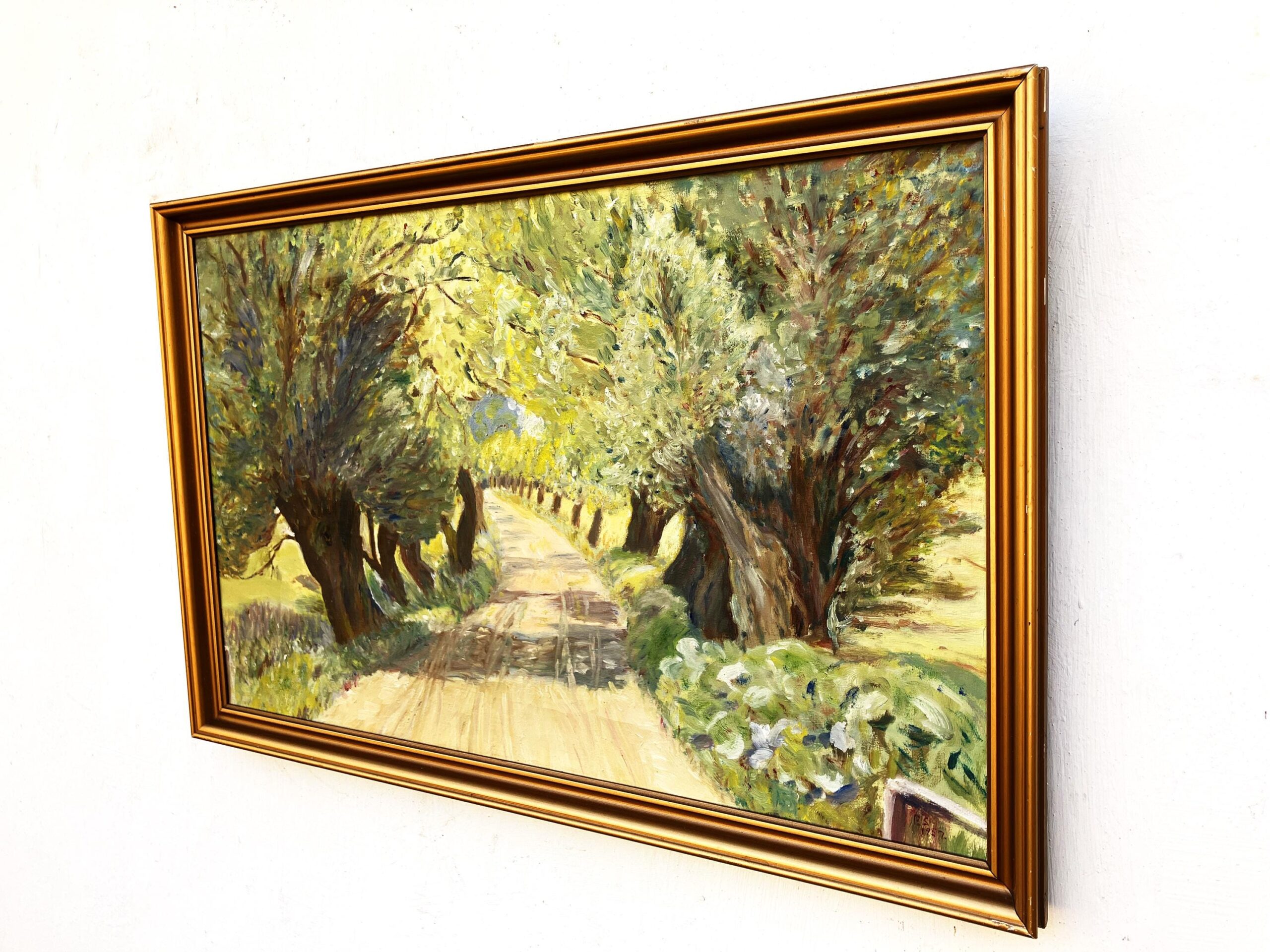 Original Danish oil painting, willow tree avenue, Mid Century, landscape wall art - Image 5