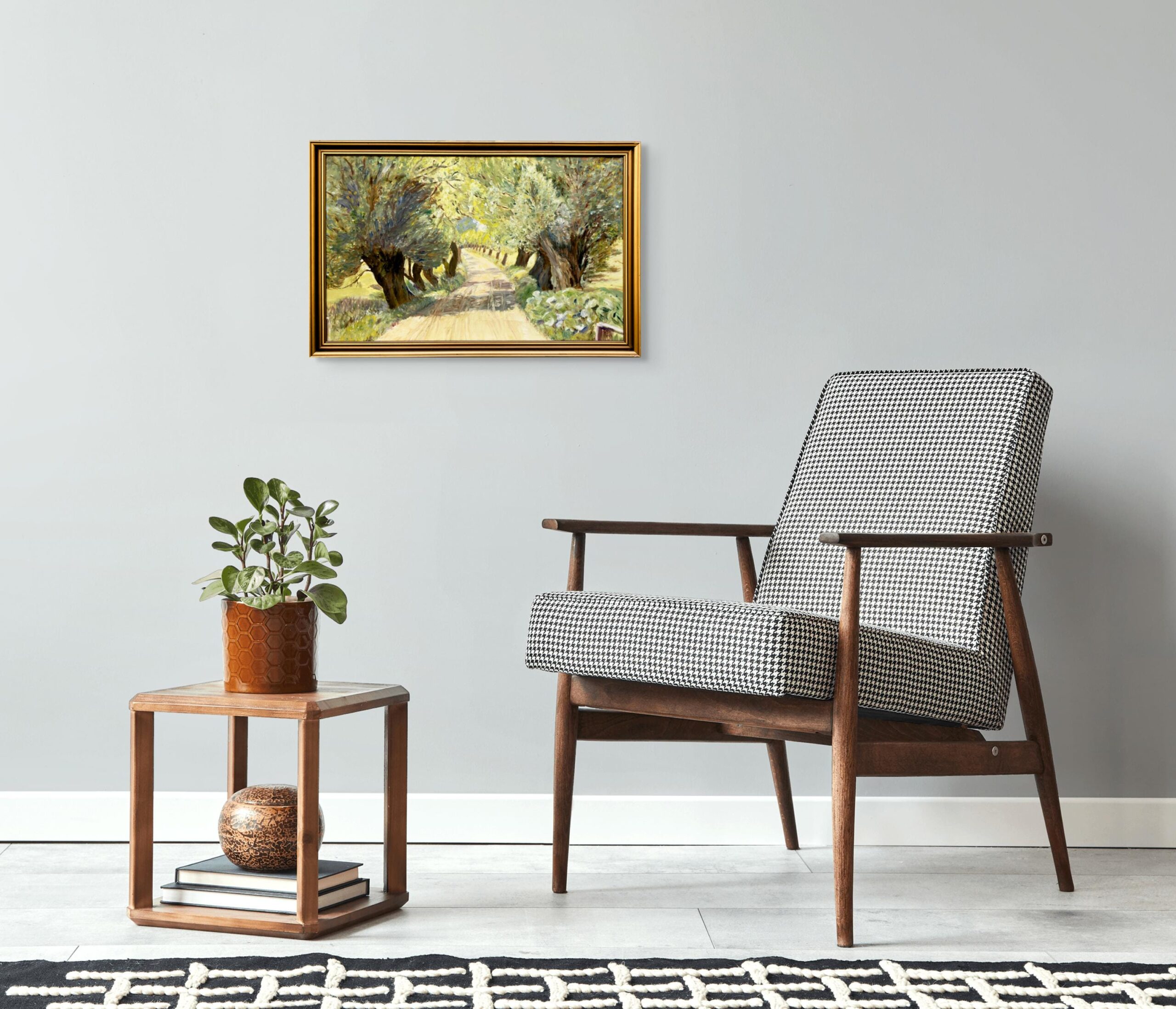 Original Danish oil painting, willow tree avenue, Mid Century, landscape wall art - Image 3