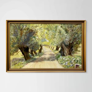 Original Danish oil painting, willow tree avenue, Mid Century, landscape wall art - Image 1