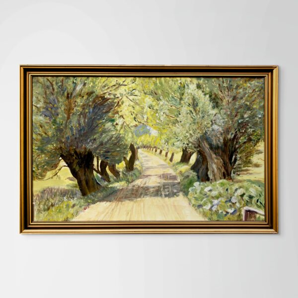 Original Danish oil painting, willow tree avenue, Mid Century, landscape wall art
