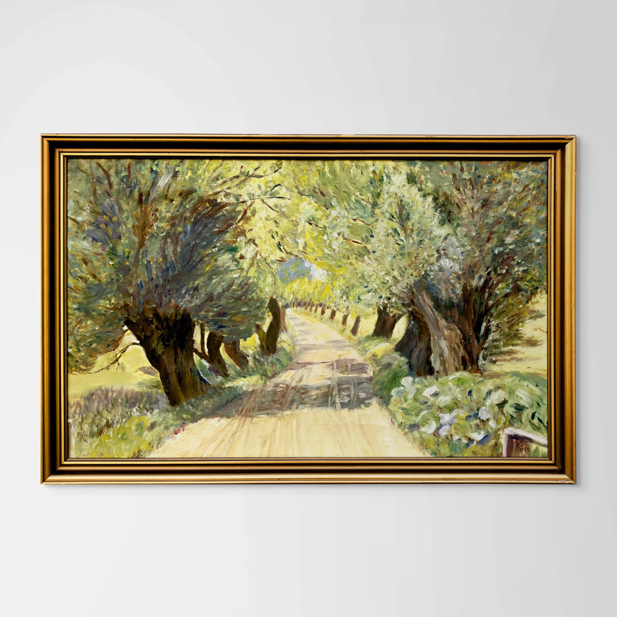 Original Danish oil painting, willow tree avenue, Mid Century, landscape wall art - Image 1