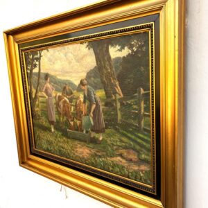 Large Original Danish oil painting, cows and figures rural scene, 1920s, farmhouse wall art - Image 5