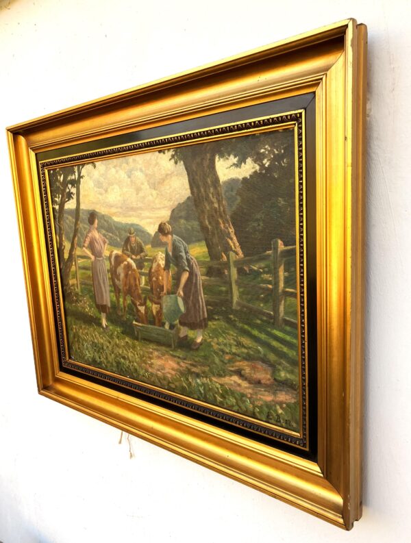 Large Original Danish oil painting, cows and figures rural scene, 1920s, farmhouse wall art