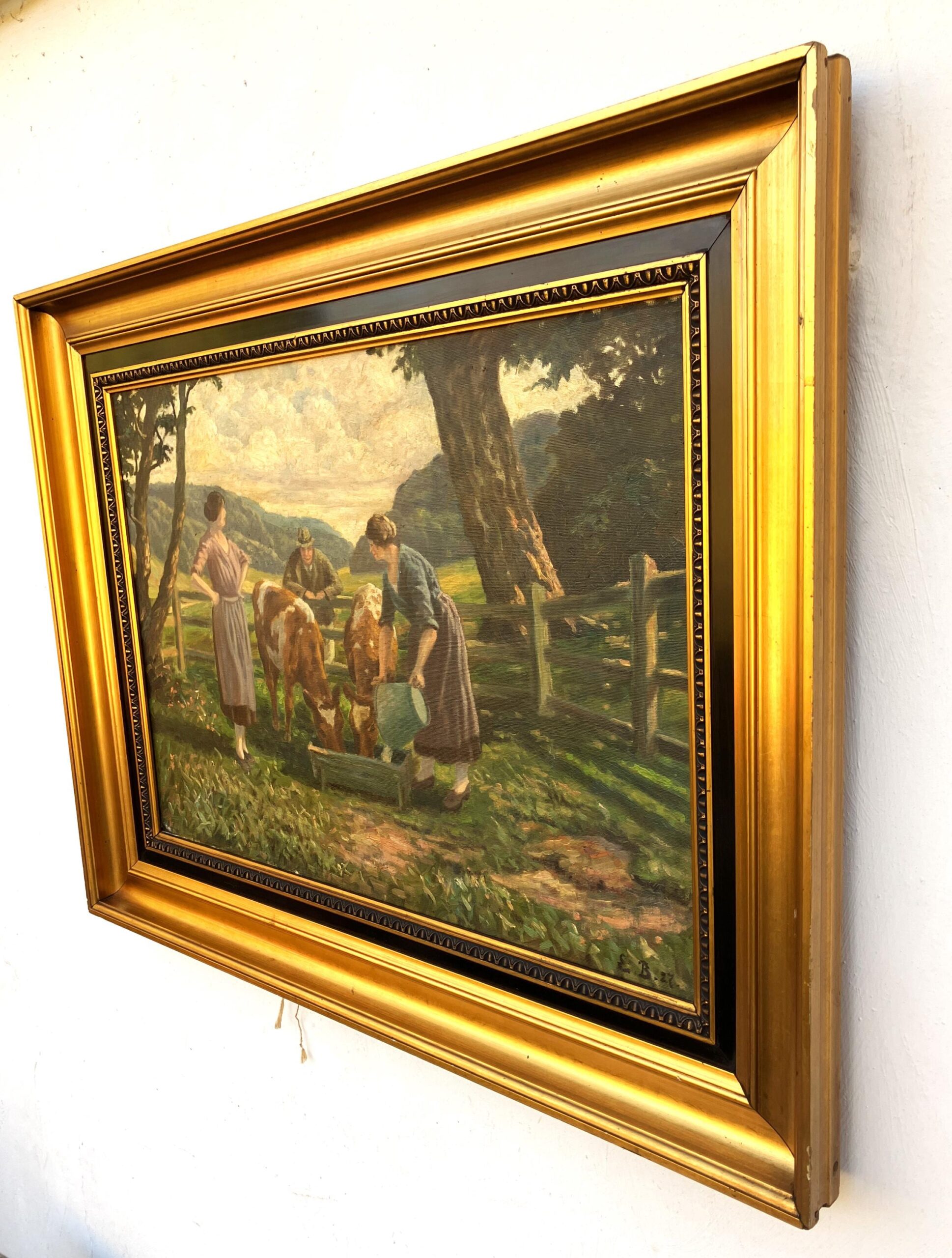 Large Original Danish oil painting, cows and figures rural scene, 1920s, farmhouse wall art - Image 5