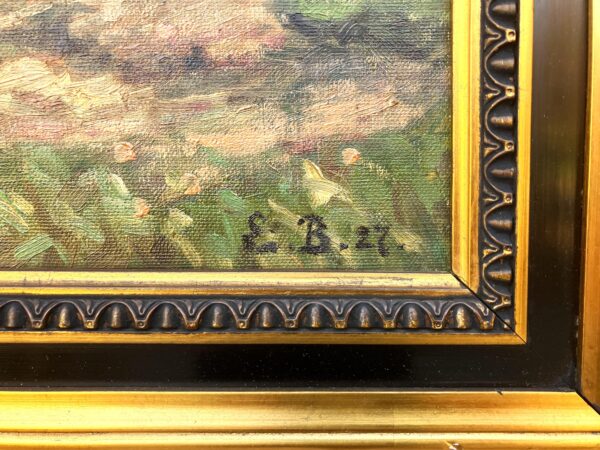 Large Original Danish oil painting, cows and figures rural scene, 1920s, farmhouse wall art