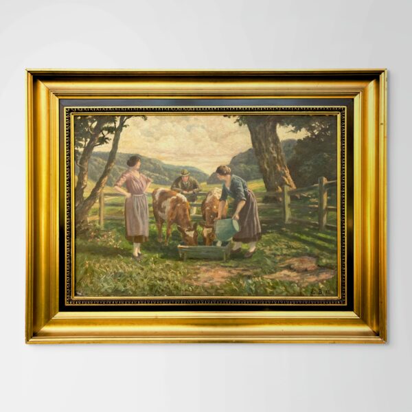 Large Original Danish oil painting, cows and figures rural scene, 1920s, farmhouse wall art