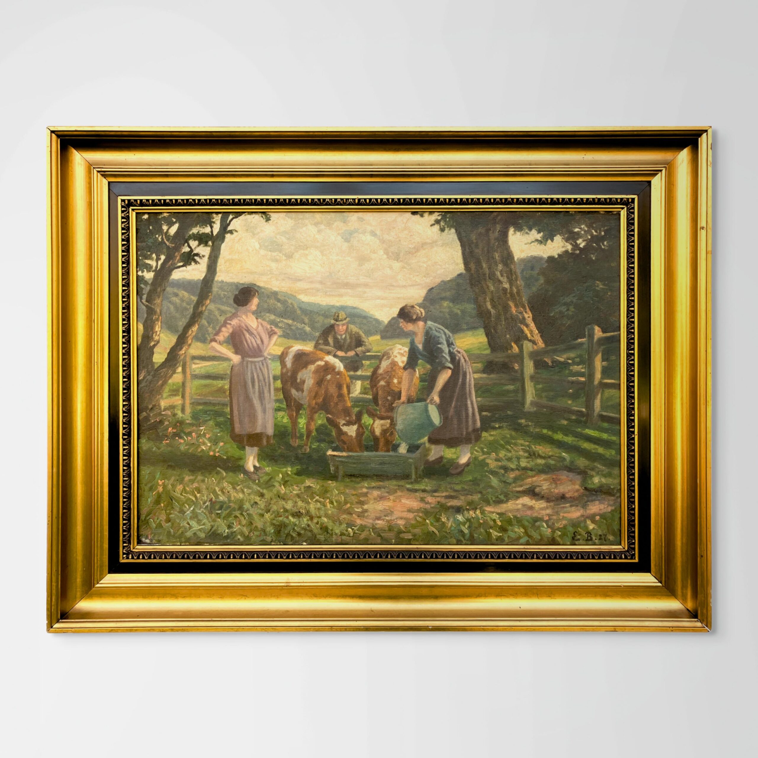Large Original Danish oil painting, cows and figures rural scene, 1920s, farmhouse wall art
