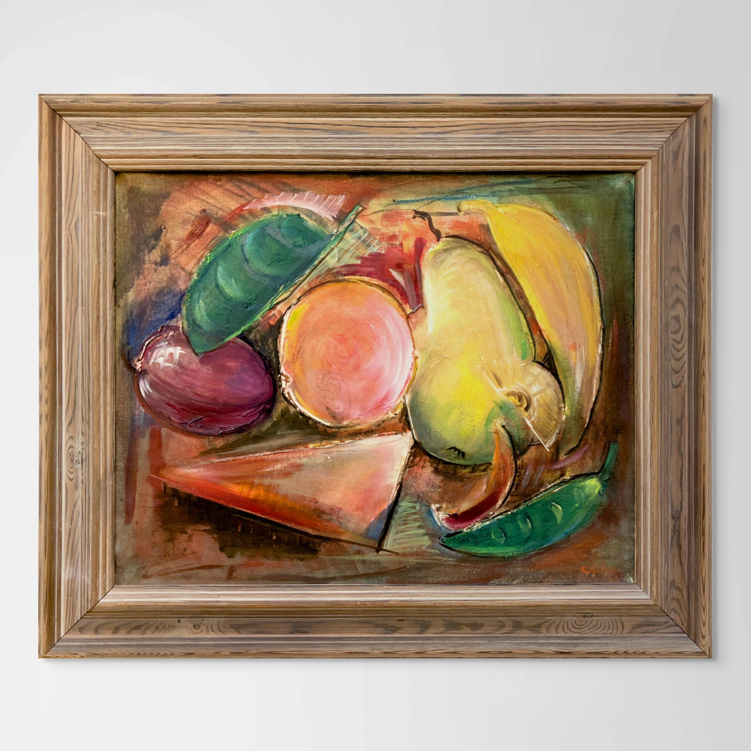 Original vintage Danish oil painting, fruit and vegetables still life, colorful kitchen decor