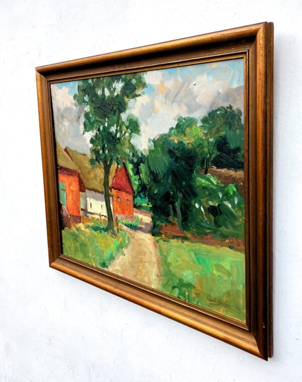 Original Swedish oil painting, farmhouse path landscape, 1930s Scandinavian  modernist, wall art decor