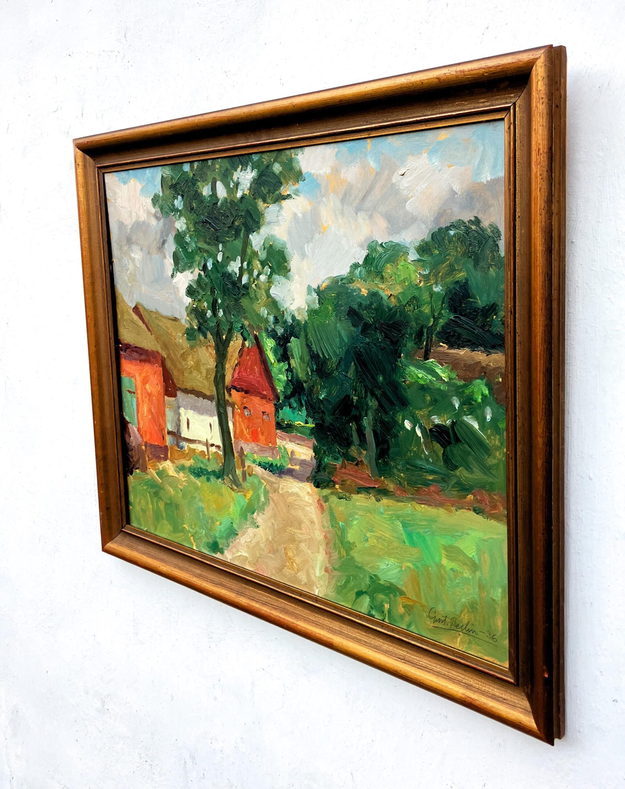 Original Swedish oil painting, farmhouse path landscape, 1930s Scandinavian  modernist, wall art decor - Image 5