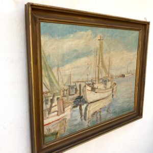 Original Danish oil painting, fishing boats harbor, Mid Century, coastal wall art, Kongsmar - Image 4