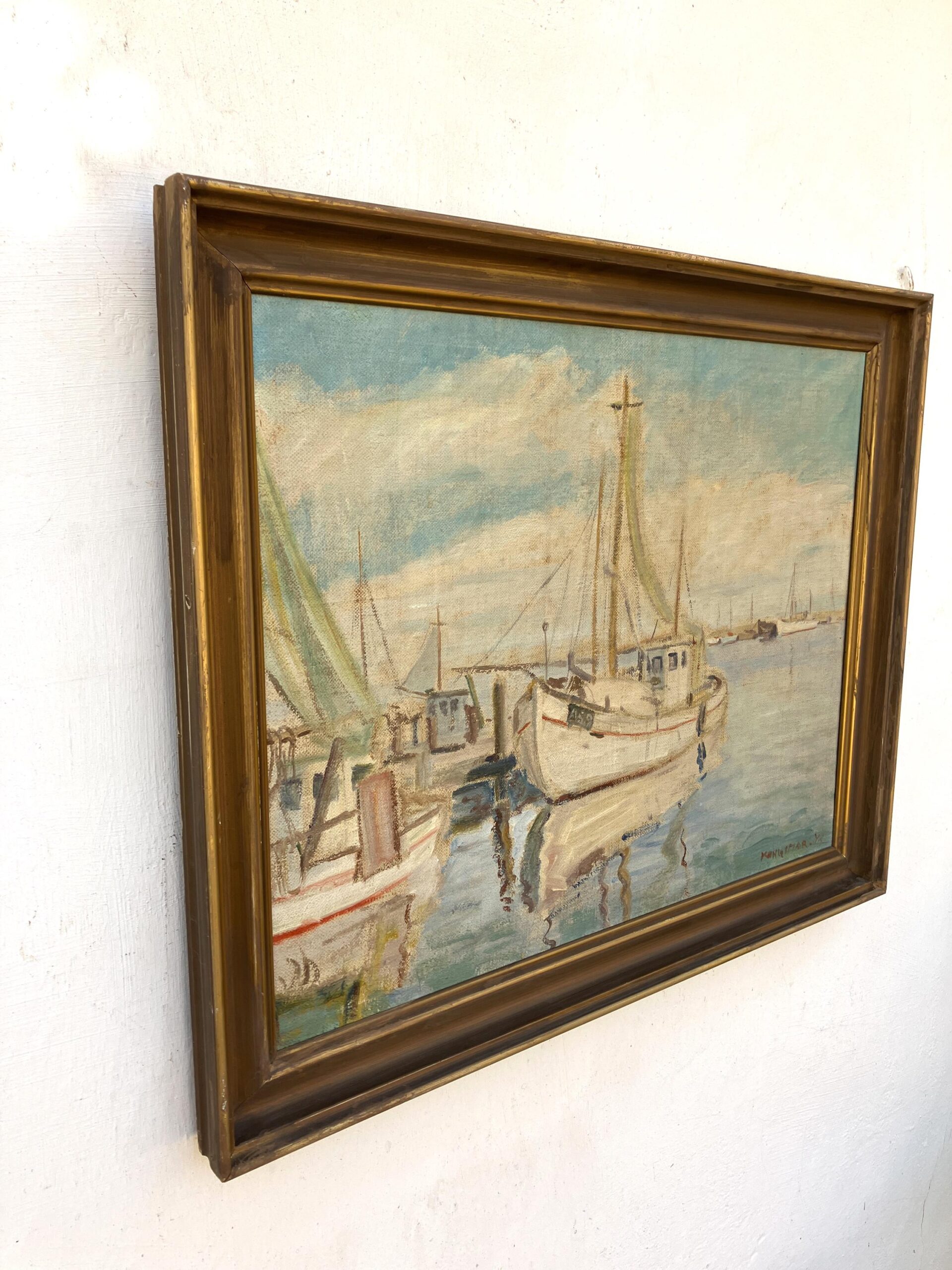 Original Danish oil painting, fishing boats harbor, Mid Century, coastal wall art, Kongsmar - Image 4
