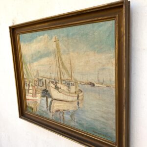 Original Danish oil painting, fishing boats harbor, Mid Century, coastal wall art, Kongsmar - Image 5