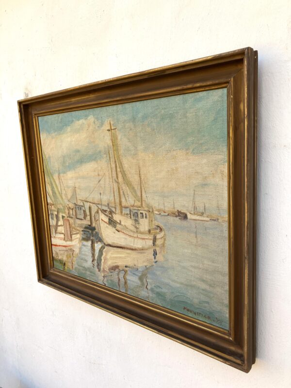 Original Danish oil painting, fishing boats harbor, Mid Century, coastal wall art, Kongsmar