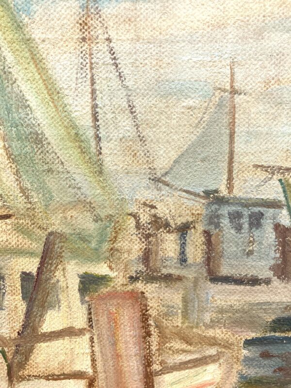 Original Danish oil painting, fishing boats harbor, Mid Century, coastal wall art, Kongsmar