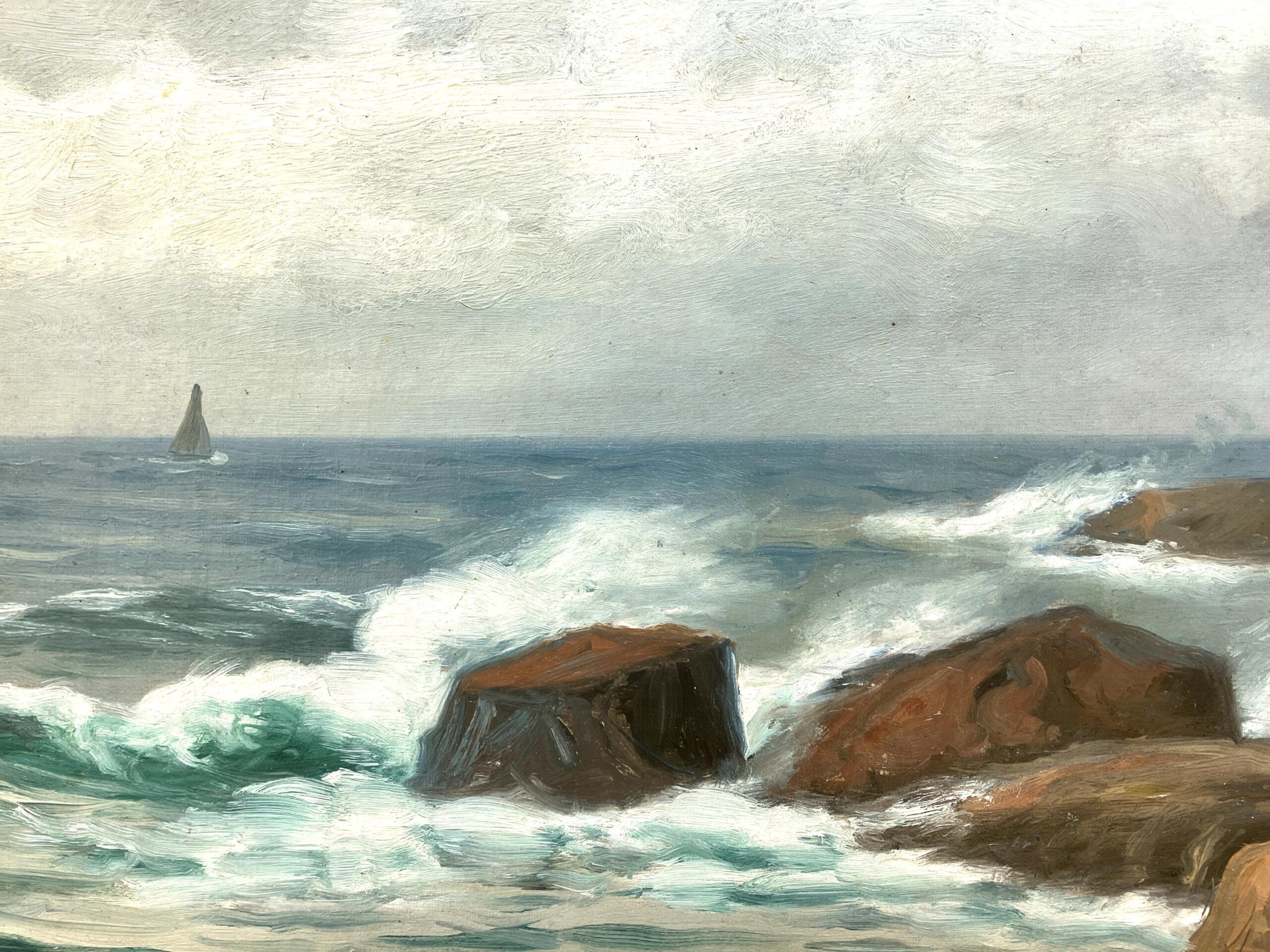 Original Swedish oil painting, seascape ship, early 1900s, coastal wall art - Image 4