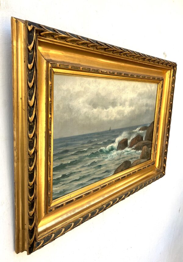 Original Swedish oil painting, seascape ship, early 1900s, coastal wall art