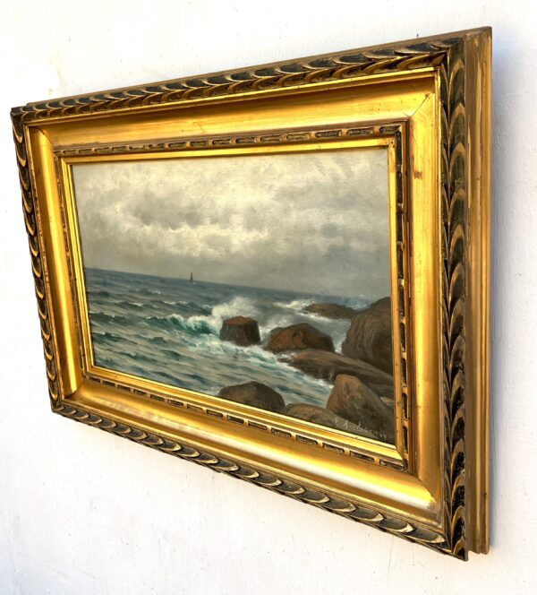 Original Swedish oil painting, seascape ship, early 1900s, coastal wall art