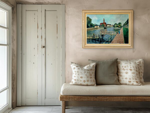 Large Original Swedish oil painting, canal scene Malmö, Mid Century, Scandinavian wall art
