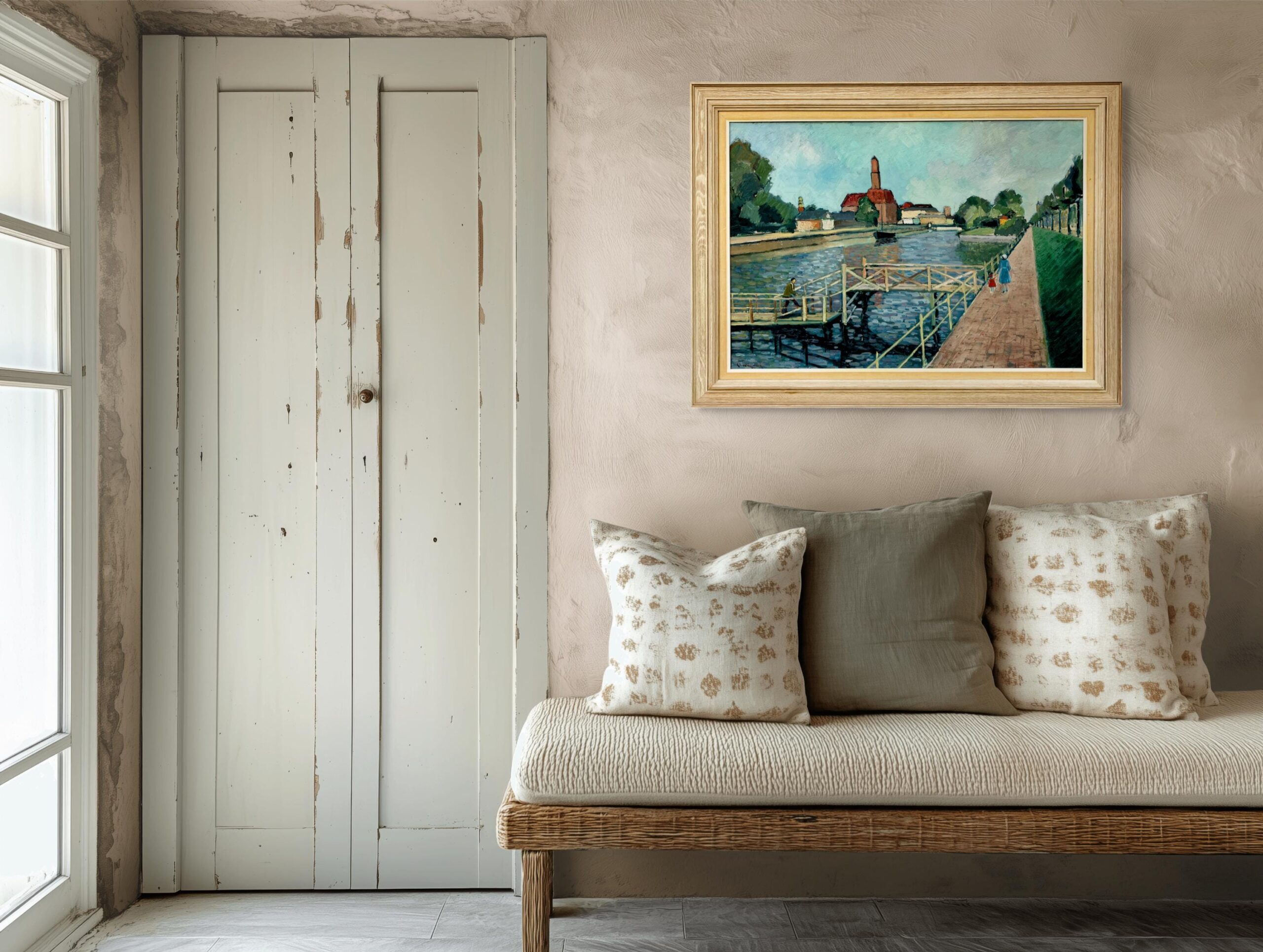 Large Original Swedish oil painting, canal scene Malmö, Mid Century, Scandinavian wall art - Image 2