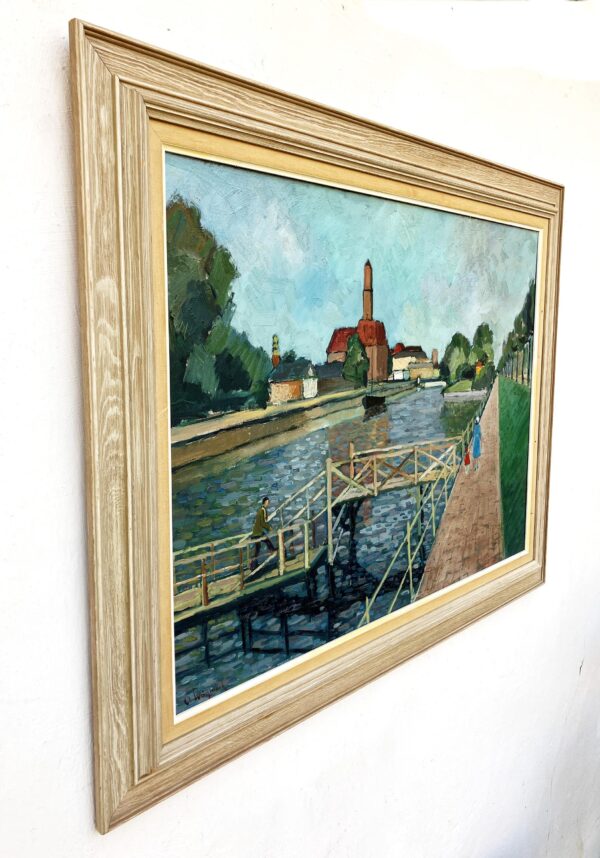 Large Original Swedish oil painting, canal scene Malmö, Mid Century, Scandinavian wall art