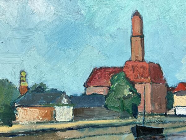 Large Original Swedish oil painting, canal scene Malmö, Mid Century, Scandinavian wall art
