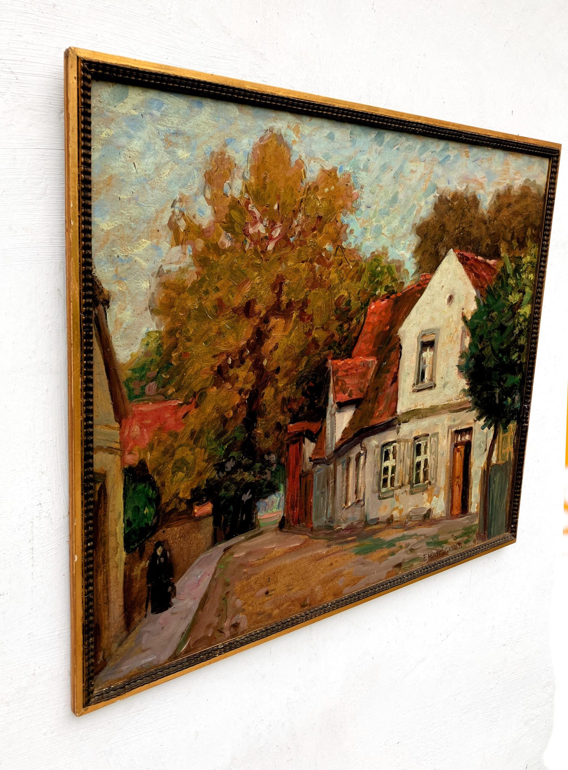 Original German oil painting, town street scene, ca 1940, vintage wall art - Image 4